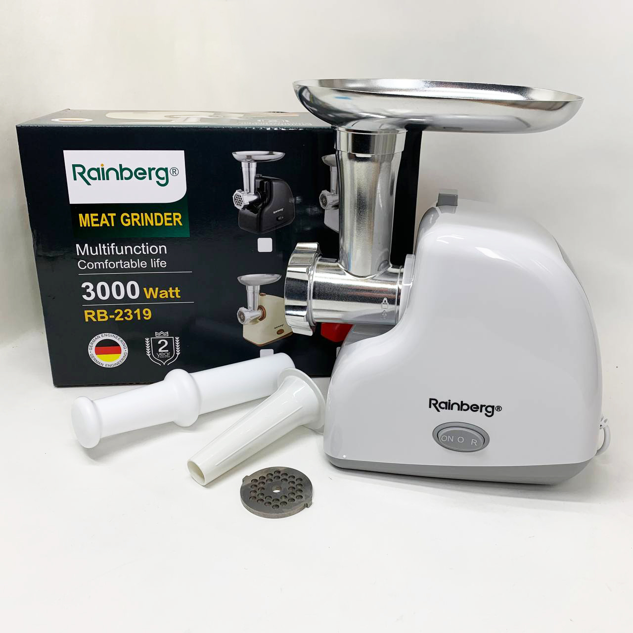 М'ясорубка електрична Rainberg RB-2319 із системою реверсу насадка куббе 3000Вт White