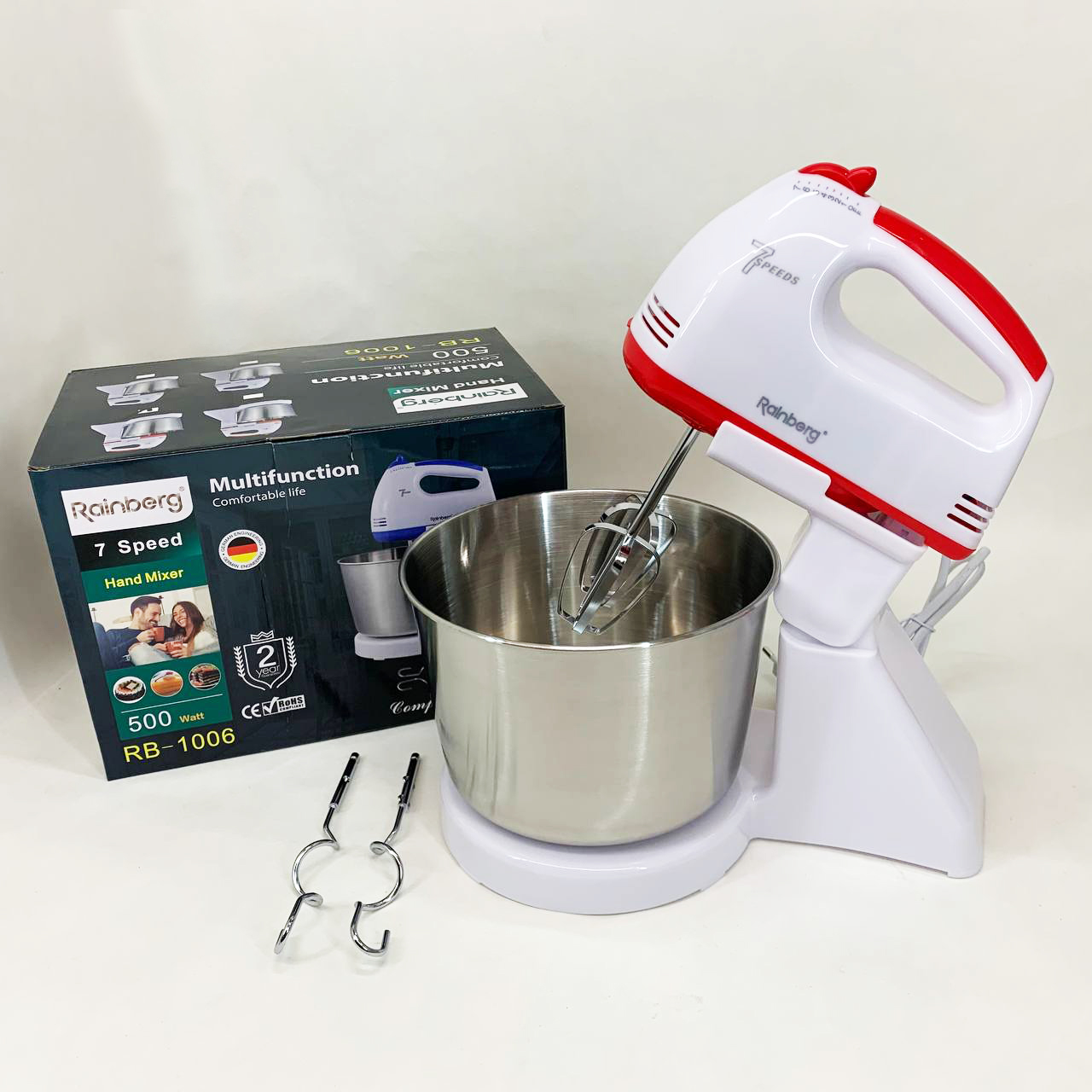 Стаціонарний електричний міксер із чашею Rainberg RB-1006 500W з насадками для замішування тіста Red