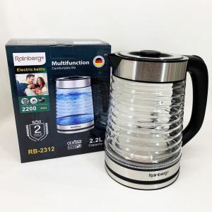 Електрочайник Rainberg RB-2312 скляний дисковий чайник 2.2л 2200Вт Silver