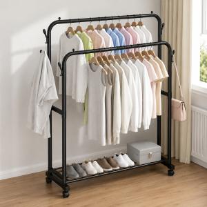 Подвійна стійка вішалка для одягу Double floor Hanger з полицею для взуття 143х110х42 Black
