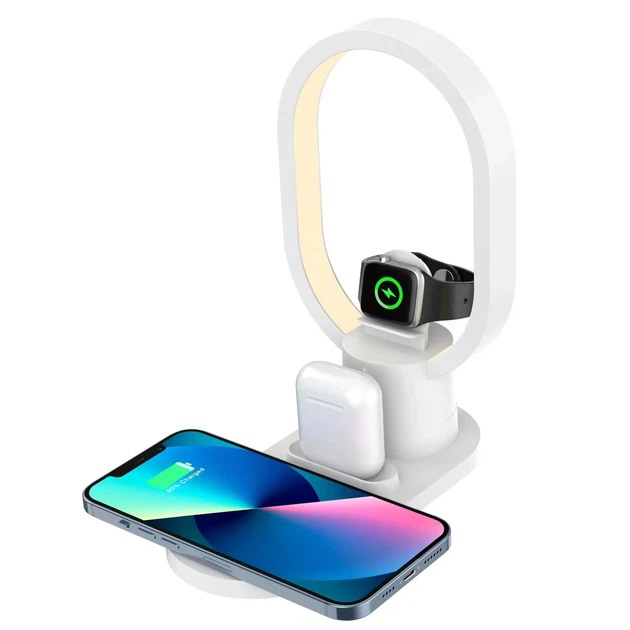 Бездротова зарядна станція LED нічник 15Вт для смартфонів та навушників заряджання без проводів White