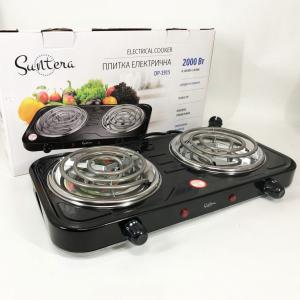 Плита електрична Suntera DP-1915 2 кВт, електроплита 2 конфорки, двокомфорочна плита Black