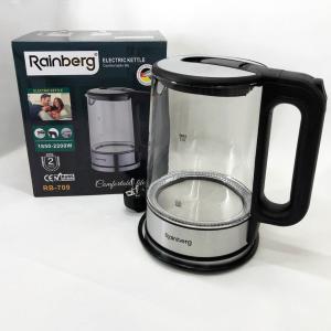 Дисковий електричний чайник Rainberg RB-709 2Л 2200Вт скляний із підсвічуванням, безшумний чайник Black