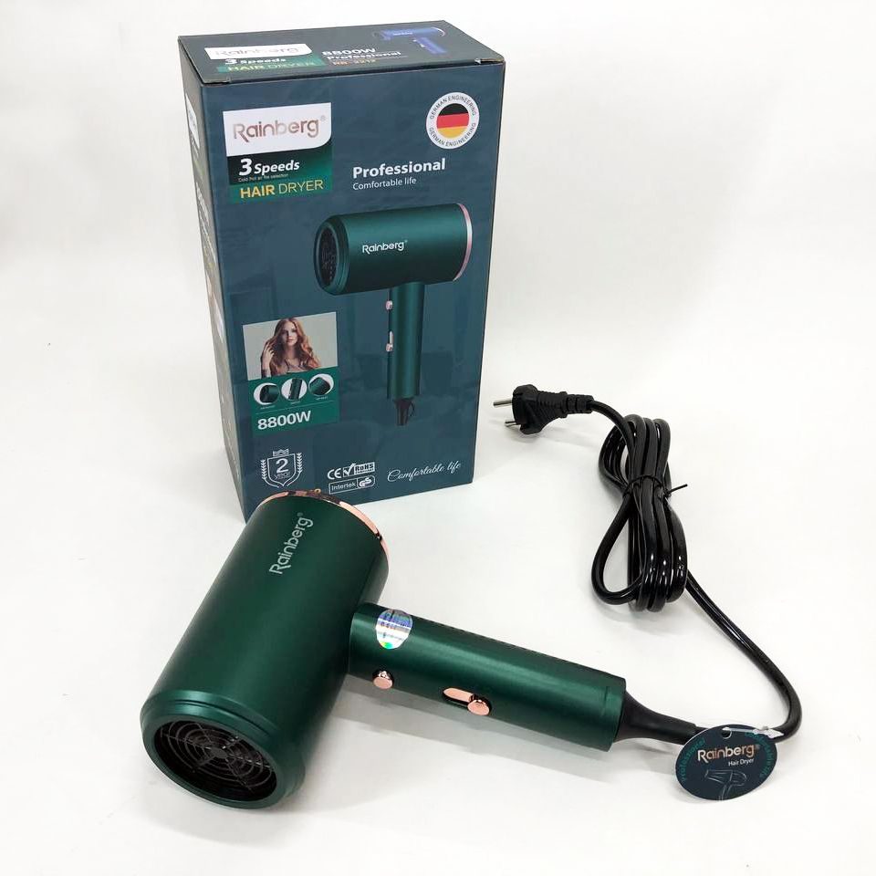 Фен Rainberg RB-2212 8800Вт з регуляцією температури та швидкості для сушіння та укладання волосся Green