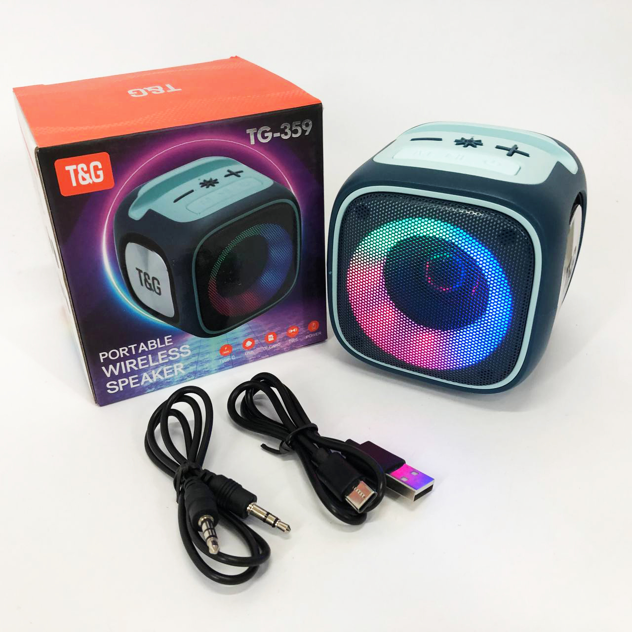 Портативна Bluetooth колонка TG359 7W з підсвічуванням RGB, акумуляторна колонка для музики. Колір: синій
