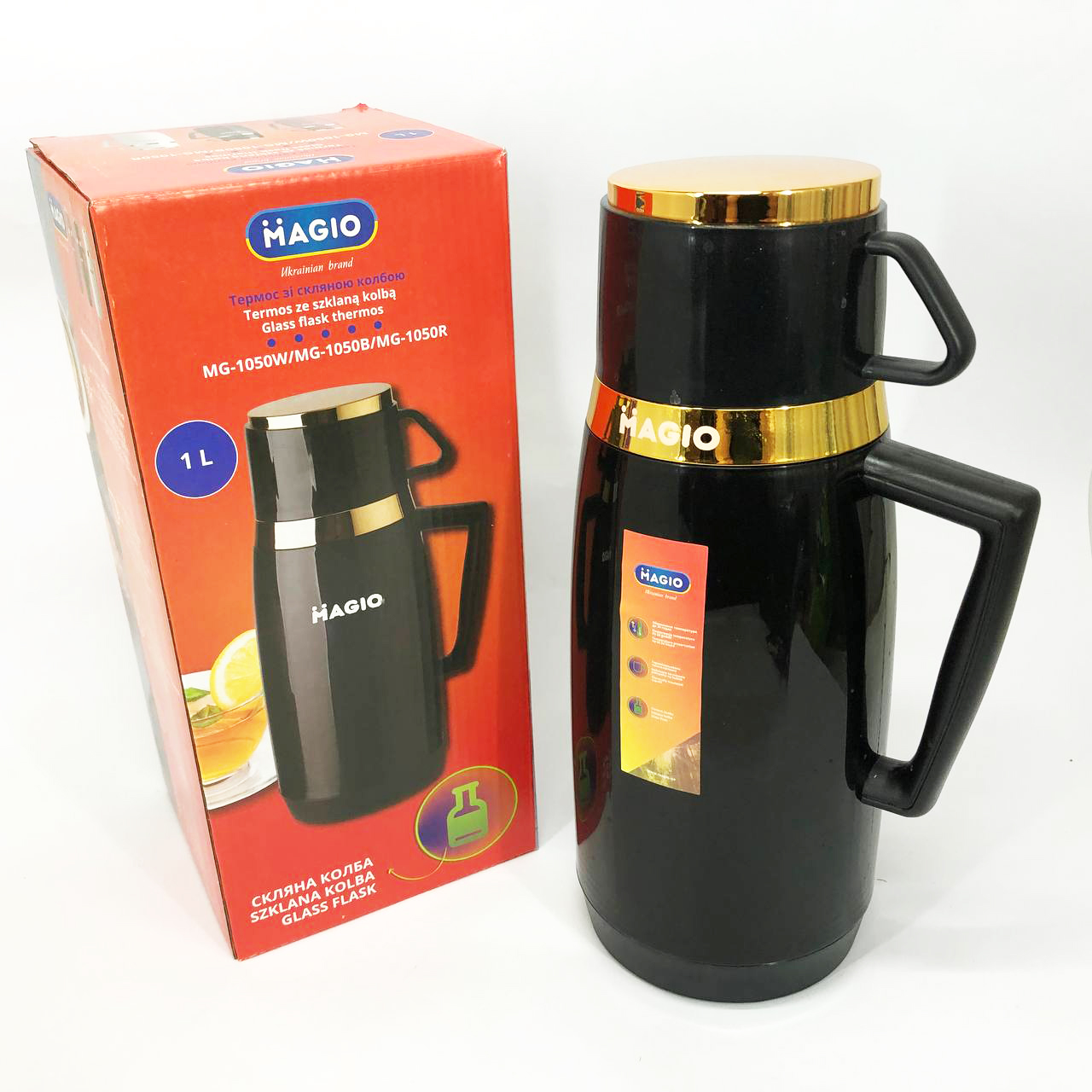 Термос Magio MG-1050B зі скляною колбою, Питний термос, Термос для кави Black