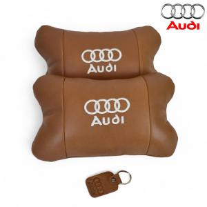 Набір із двох подушок на підголівник Audi, з натуральної коричневої шкіри, Подарунок чоловікові водієві