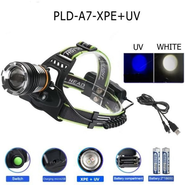 Ліхтар налобний PLD-A7-XPE-UV, Ліхтар акумуляторний для риболовлі, Світлодіодний ліхтар на лоб