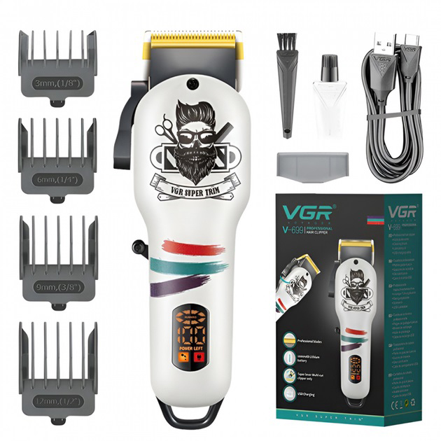 Машинка для стрижки волосся та бороди професійна VGR V-699 з насадками та LED дисплеєм. Колір: білий