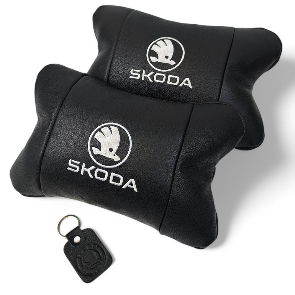 Автомобільні подушки 2 шт на підголівник Skoda / Шкода, з натуральної шкіри, стильний аксесуар для вашого авто
