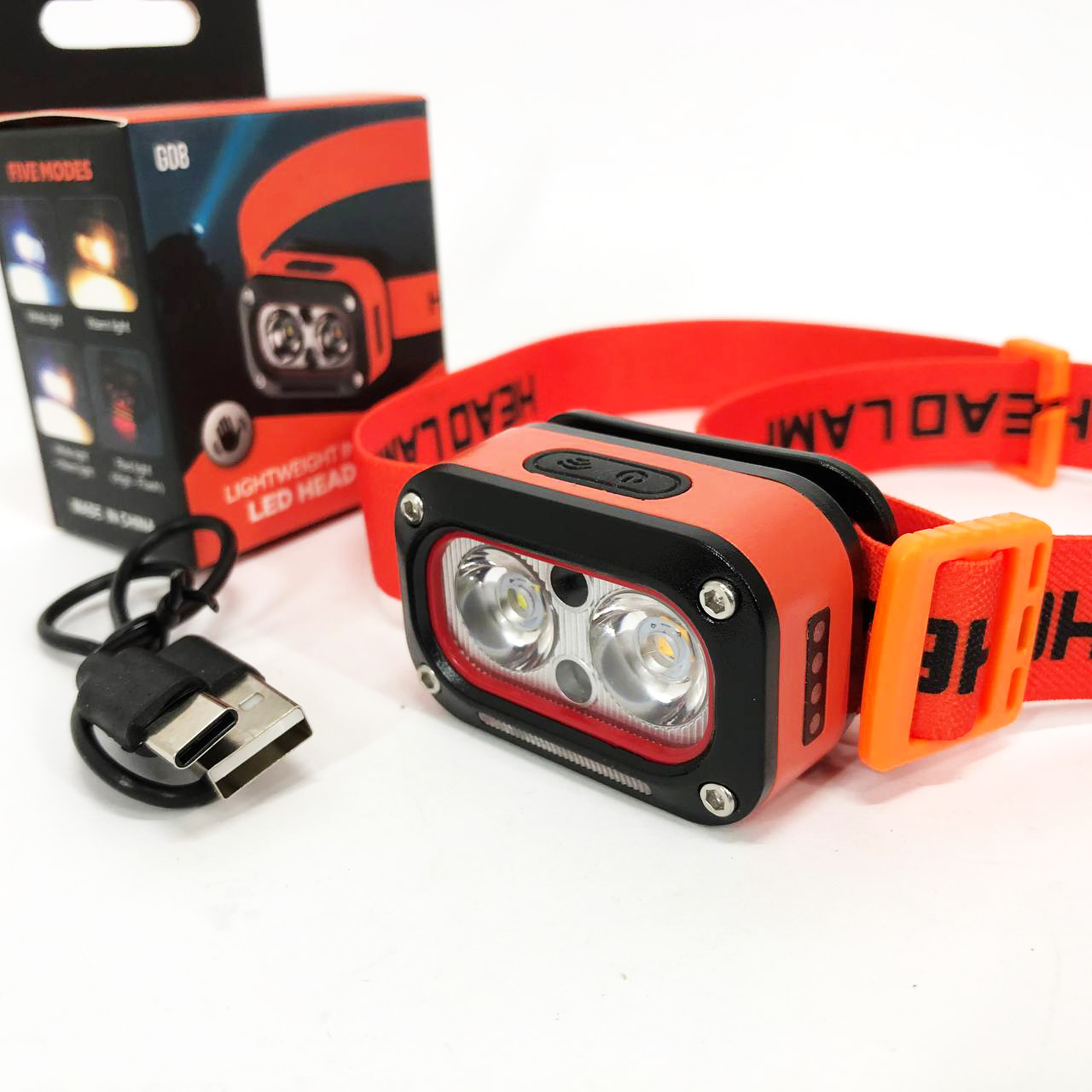 Ліхтар налобний G08-2XPG(white+yellow)+LED(red), Налобний ліхтар для автолюбителів, Led ліхтар налобний