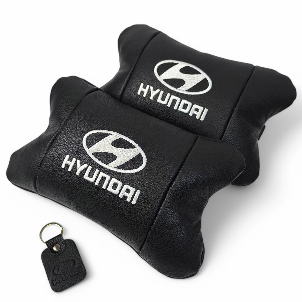Набір подушок для авто Hyundai 2шт, натуральна шкіра, чорний колір, комфортні підголовники в автомобіль