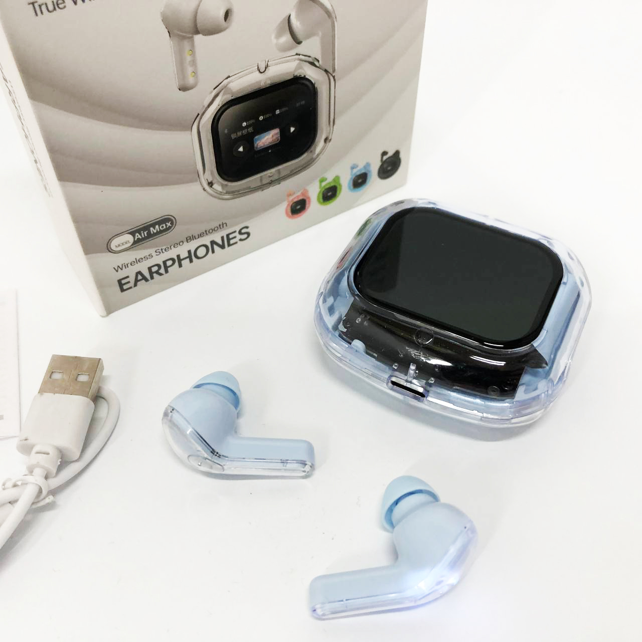 Бездротові вакуумні навушники TWS з дисплеєм LED, вологозахист IPx4 Bluetooth 5.4 з кейсом. Колір: блакитний