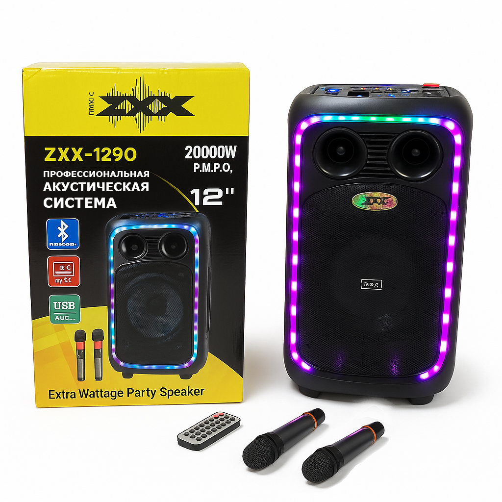 Акустична переносна колонка ZXX-1290 600 Вт 12 дюйм 71х345х30см два мікрофони пульт ДК з підсвічуванням