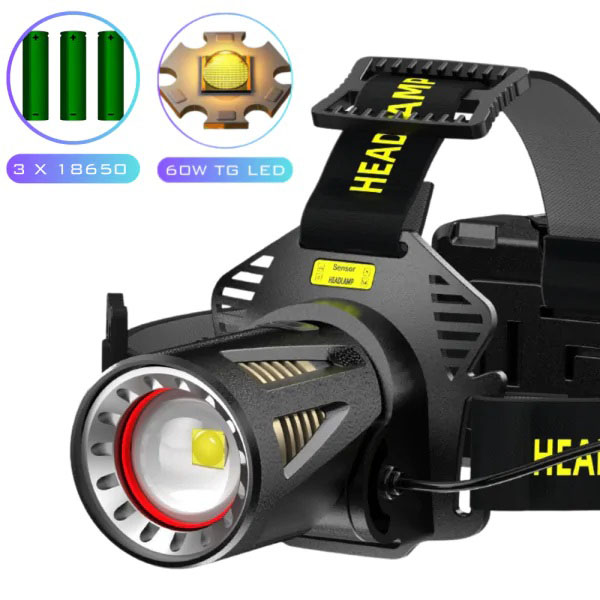 Фонарь налобный H610-WHITE LASER LED PM50-TG, сенсор движения, 3x18650, Power Bank