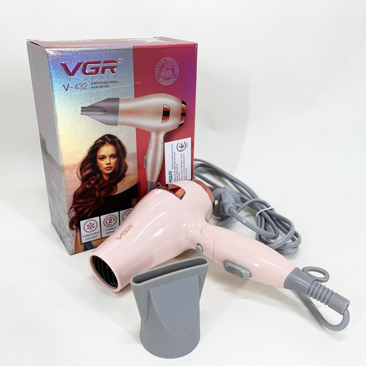 Фен для волосся дорожній VGR V-432 PINK, з концентратором 1000Вт, іонізація та 2 режими Pink