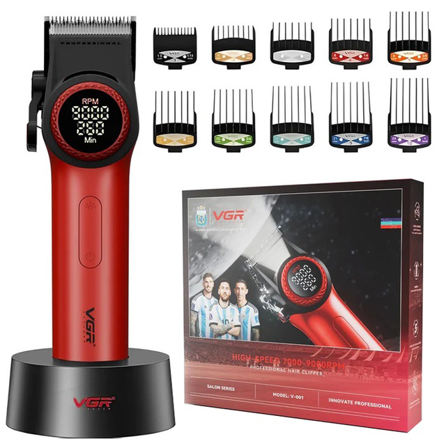 Професійна машинка для стрижки волосся VGR V-001 RED з дисплеєм 9000 об та 10 насадками (1,5-24 мм)