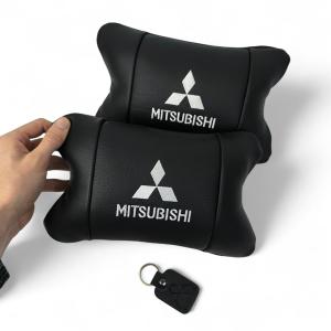 Подушки Mitsubishi з натуральної шкіри, Автоподушки на підголовник + шкіряний брелок з логотипом