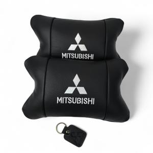 Подушки Mitsubishi з натуральної шкіри, Автоподушки на підголовник + шкіряний брелок з логотипом